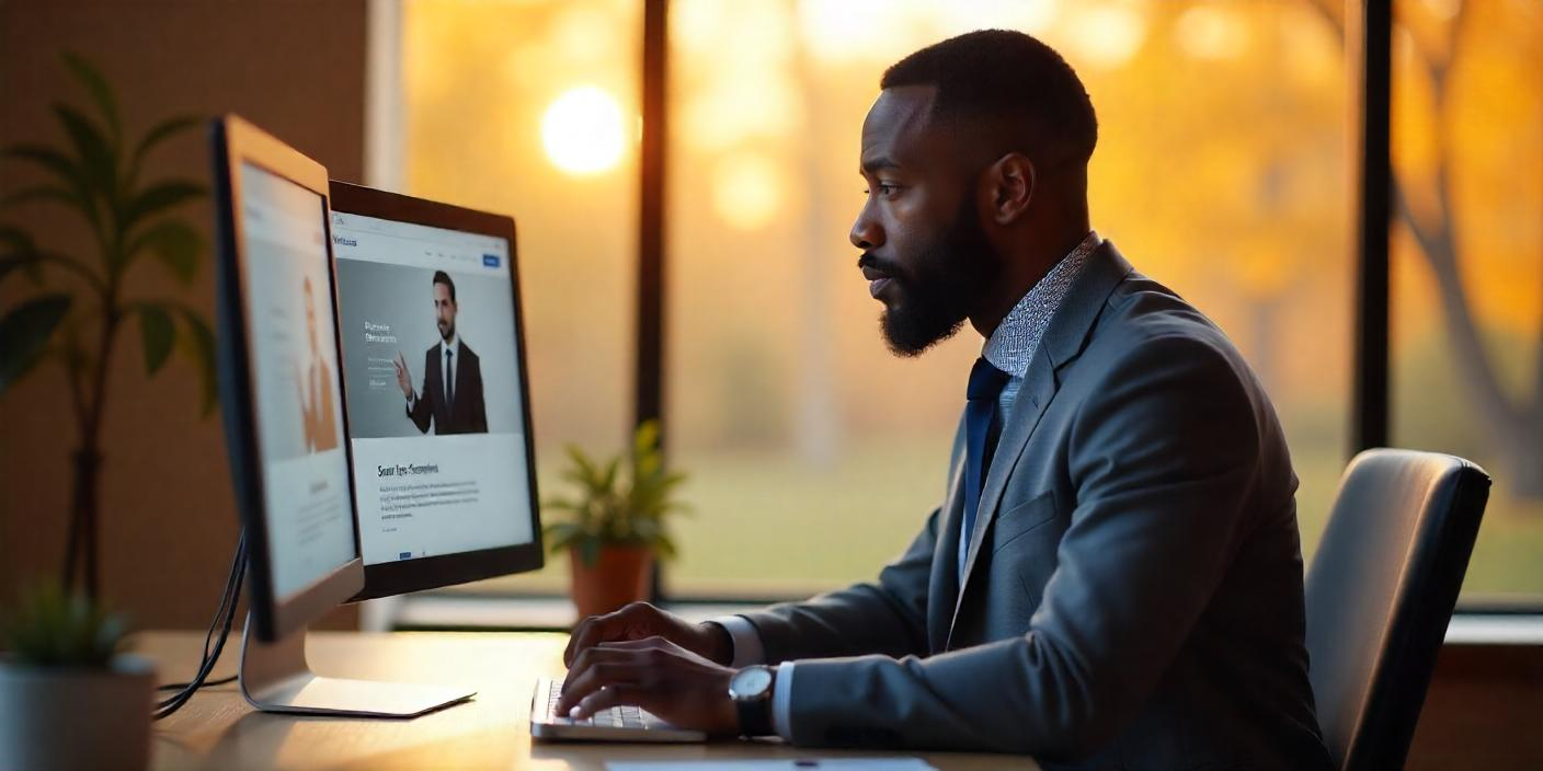 Photo of a business owner reviewing a responsive website after html conversion on multiple screens
