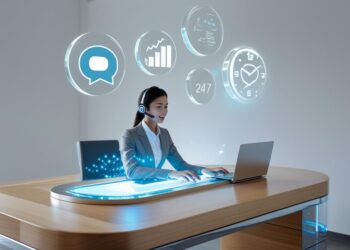 A headset-wearing rep types on a slim laptop while floating chat, analytics, and 24_7 clock icons orbit; concept of AI in customer-service