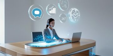 A headset-wearing rep types on a slim laptop while floating chat, analytics, and 24_7 clock icons orbit; concept of AI in customer-service